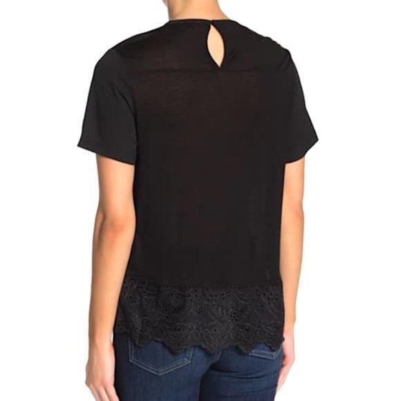 New French Connection Embroidered Eyelet Hem Short Sleeve Tee Black Size XS - Picture 4 of 16